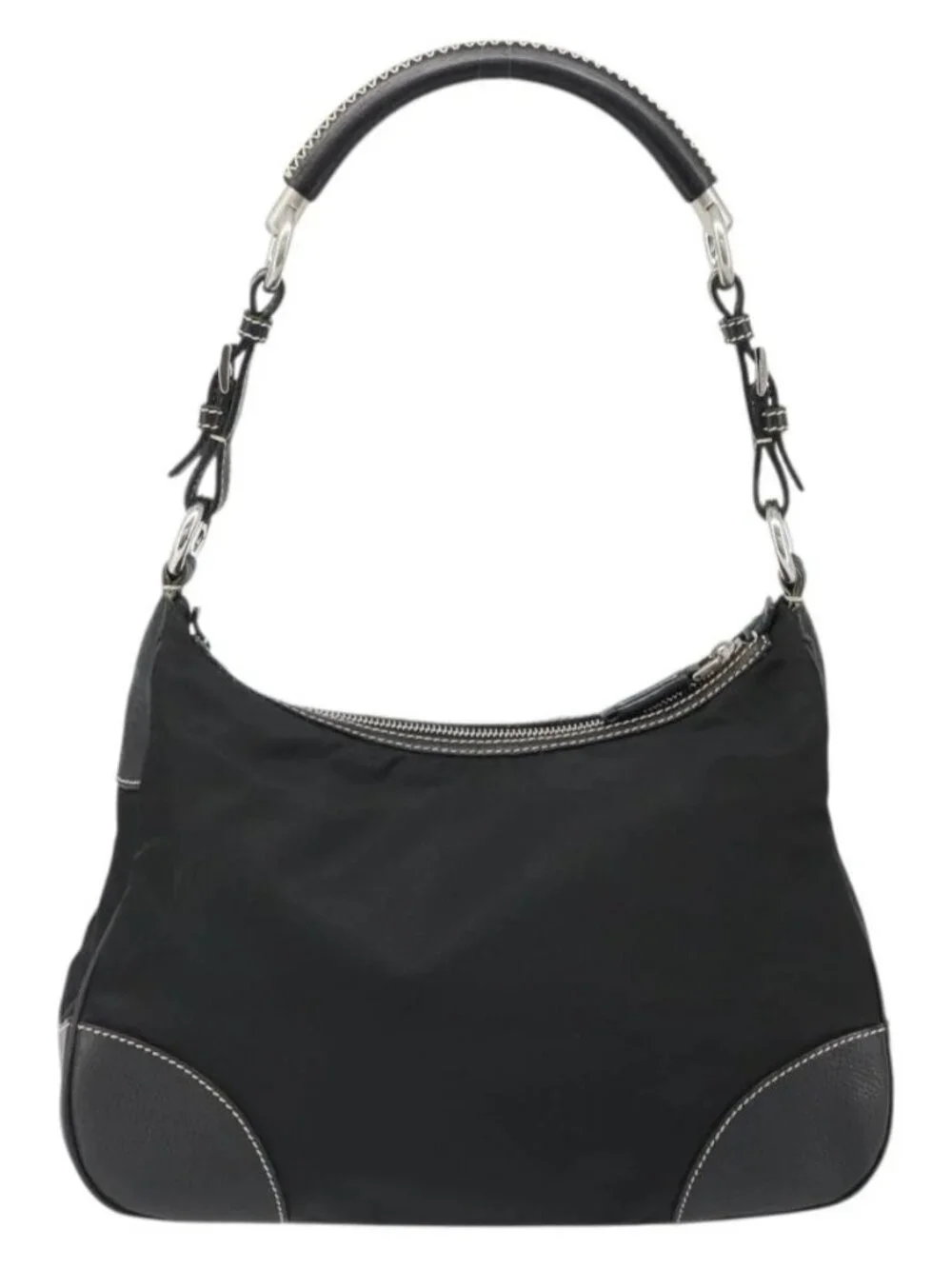 PRADA Shoulder Bag Nylon Leather Black Silver Auth 179529A